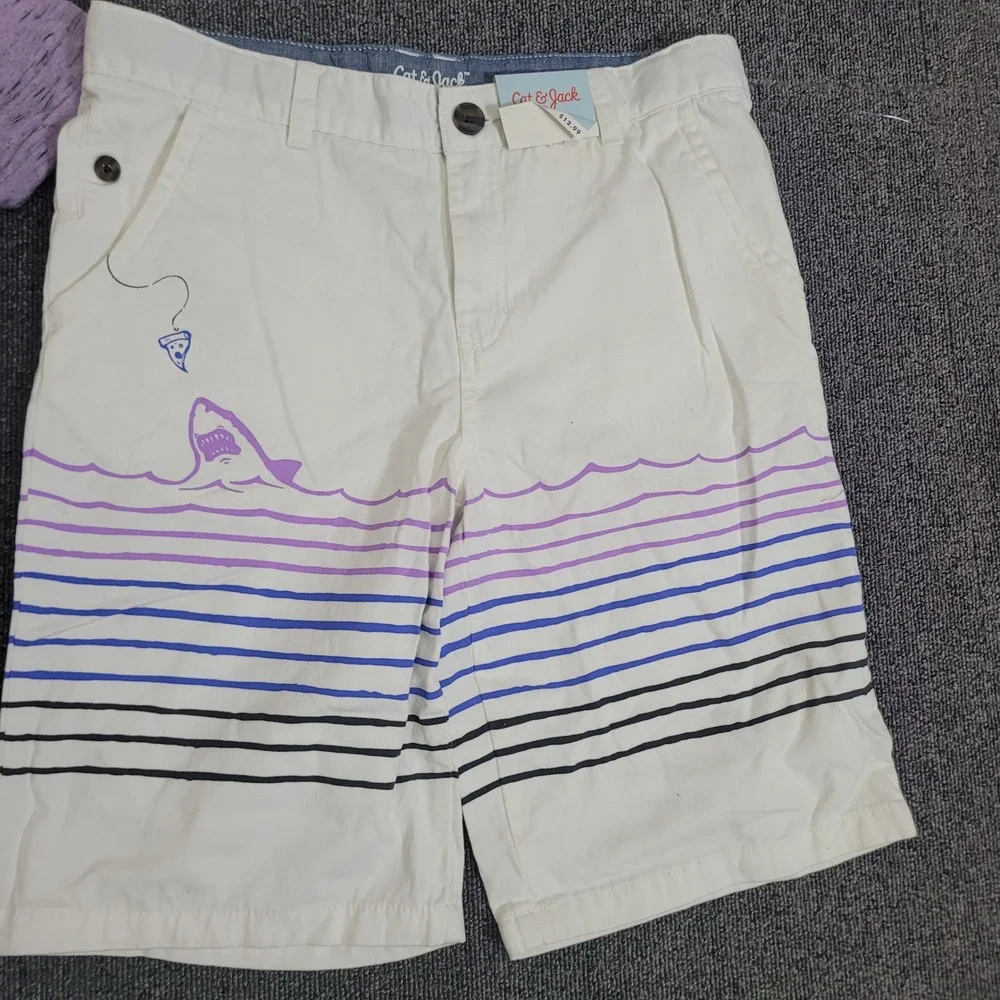 Cat & Jack Size 16 Short Set Boys Purple Space Dye Tee Shark Pizza White Shorts
